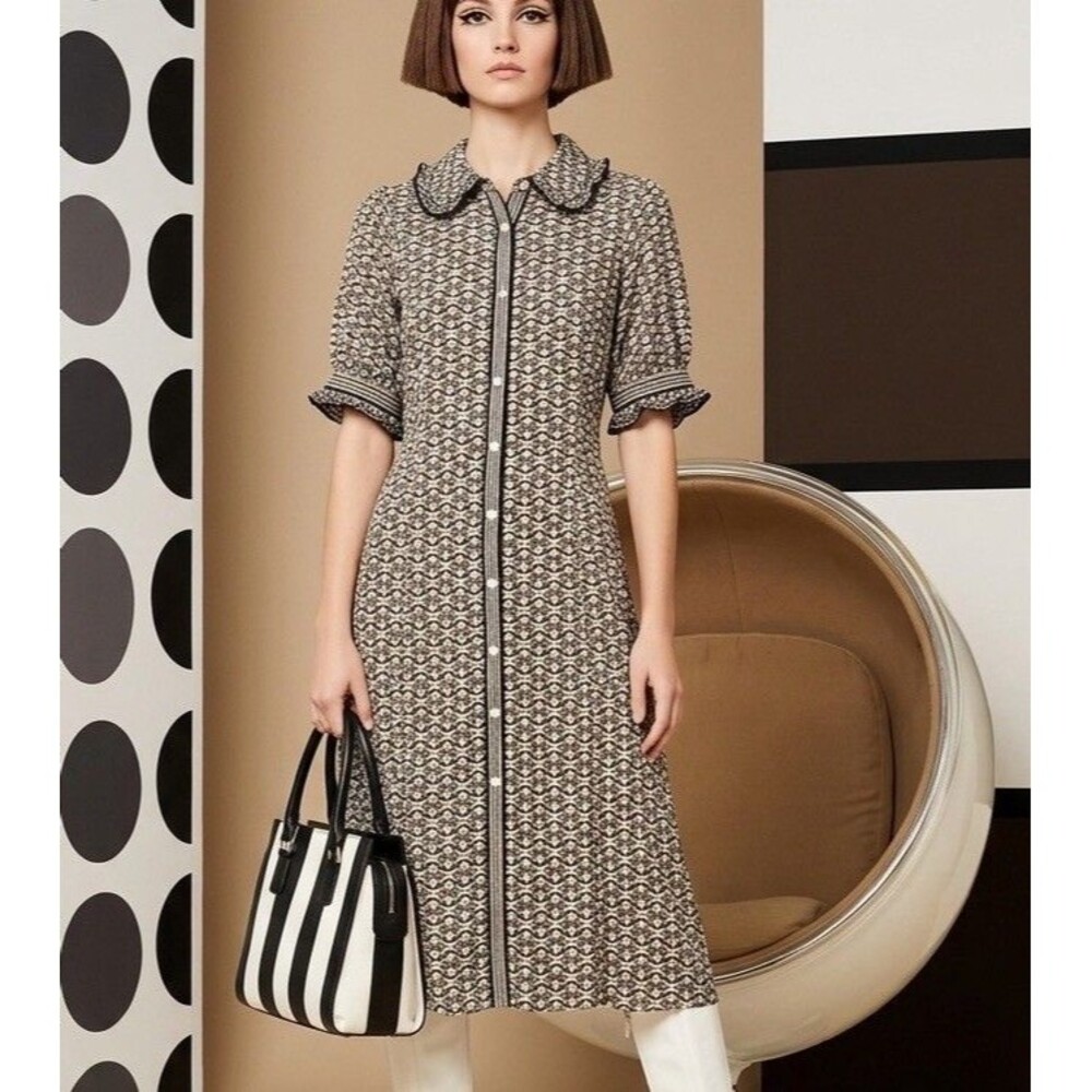 Max Studio Retro Geometric Peter Pan Collar Button Up Mod Midi Dress Size Large